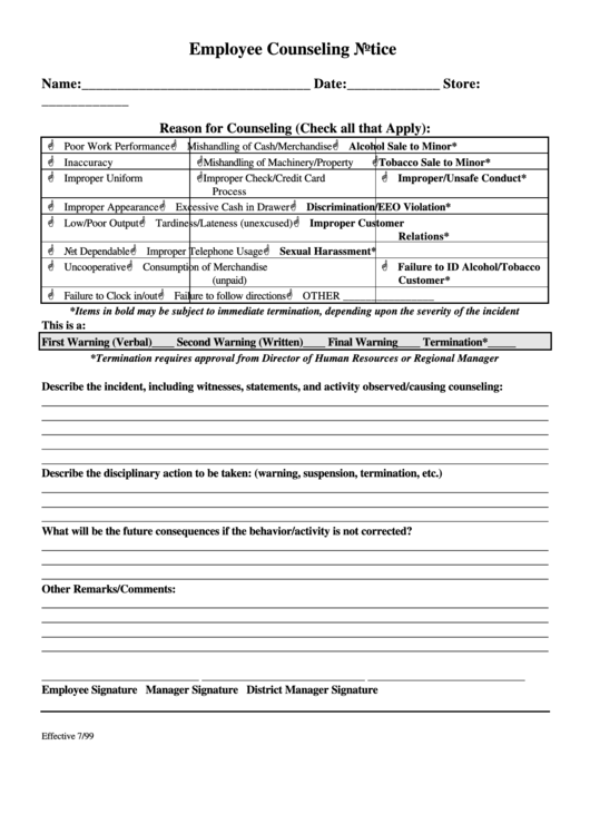 Employee Counseling Notice Printable pdf