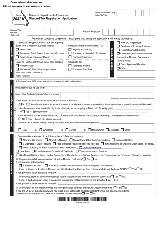 Fillable Form 2643a - Missouri Tax Registration Application Printable pdf