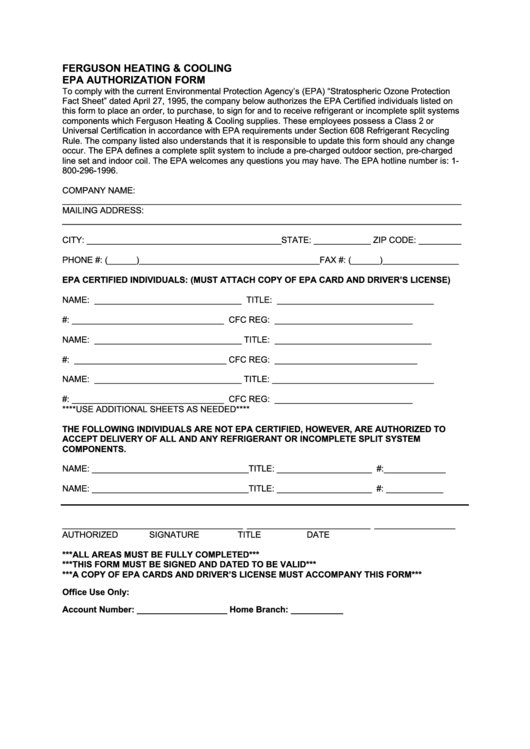 Ferguson Heating & Cooling Epa Authorization Form Printable pdf