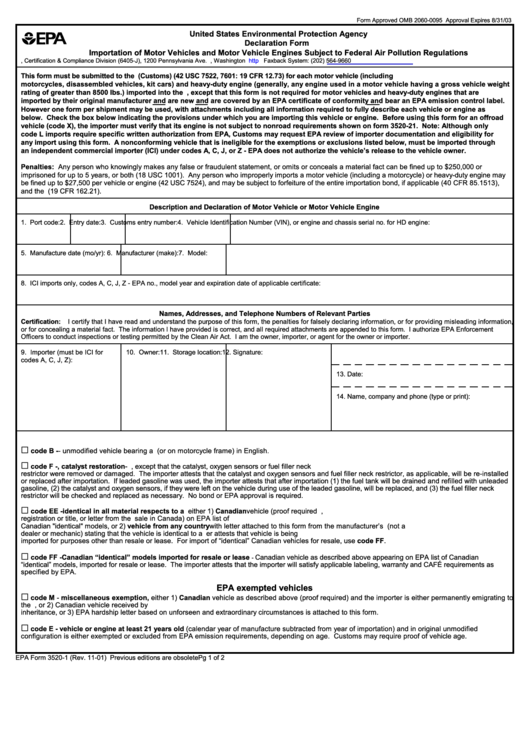 Epa Form 3520-1 - U.s. Environmental Protection Agency Declaration Form - 2001