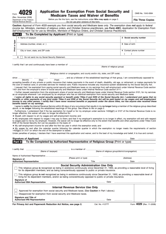 Fillable Form 4029 (2008) - Application For Exemption From Social Security And Medicare Taxes And Waiver Of Benefits Printable pdf