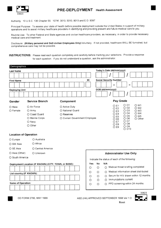 Fillable Dd Form 2795 - Pre-Deployment Health Assessment Printable pdf
