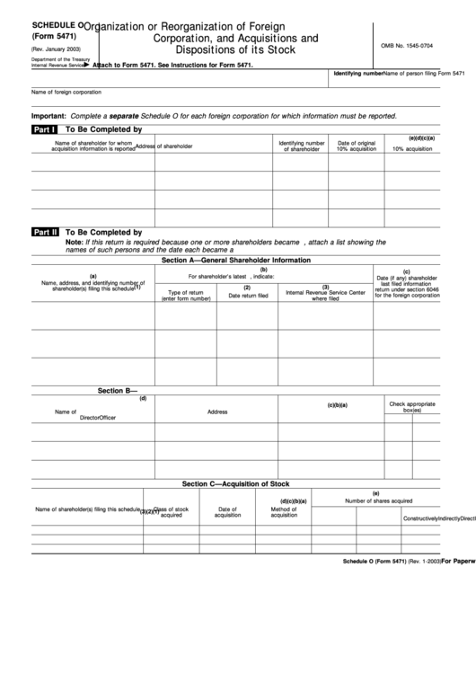 Fillable Form 5471 (Schedule O) (Rev. January 2003) Organization Or Reorganization Of Foreign Corporation, And Acquisitions And Dispositions Of Its Stock Printable pdf