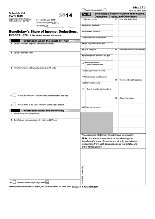Fillable Form 1041 (Schedule K-1) Beneficiary