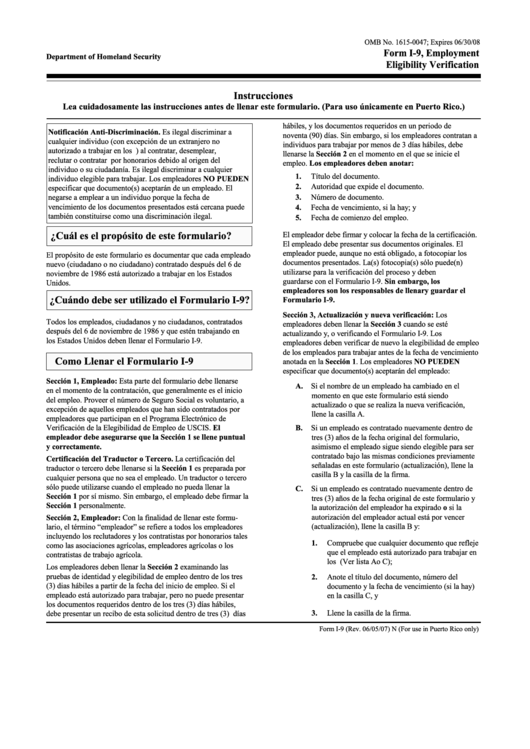 Spanish Form I-9 Employment Eligibility Verification (Instructions) Printable pdf