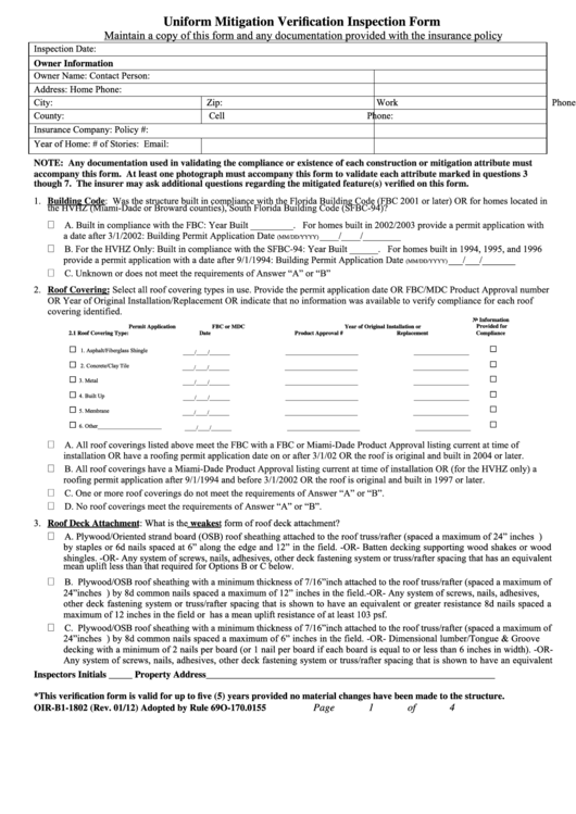 Uniform Mitigation Verification Inspection Form ( Oir-B1-1802 ) Printable pdf