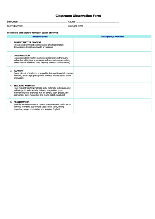 Classroom Observation Form Printable pdf