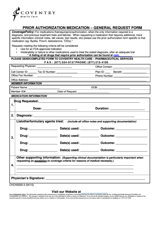 Fillable Prior Authorization Medication - General Request Form - Coventy Health Care Printable pdf