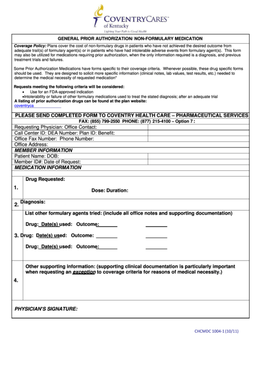 General Prior Authorization / Non-Formulary Medication - Coventry Cares Of Kentucky Printable pdf