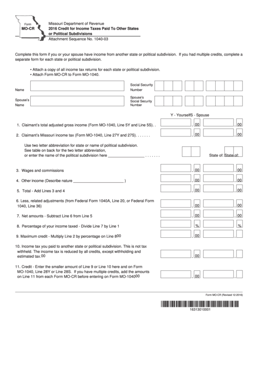 Fillable Form Mo-Cr - Credit For Income Taxes Paid To Other States Or Political Subdivisions - 2016 Printable pdf