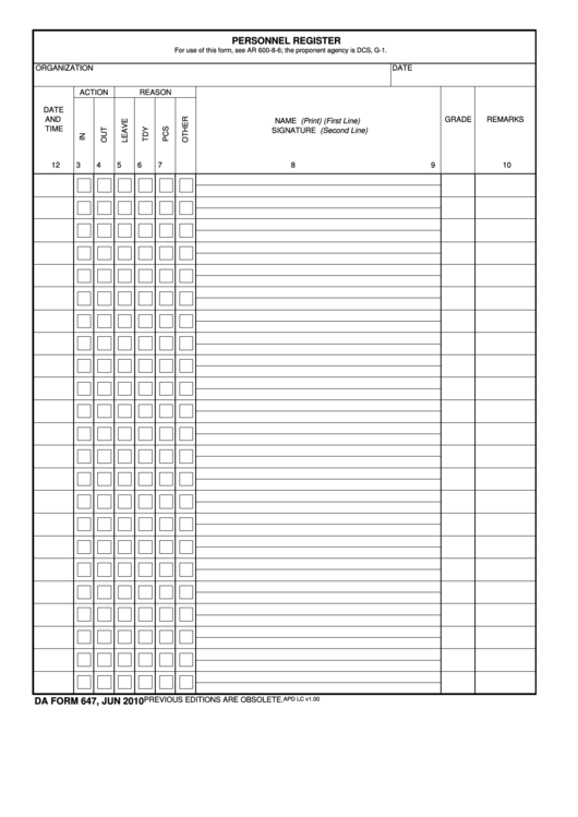 Fillable Personnel Register - Da Form 647 Printable pdf