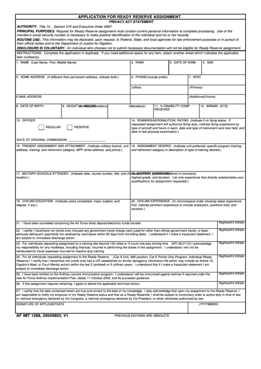 Application For Ready Reserve Assignment - Form Af Int 1288 Printable pdf
