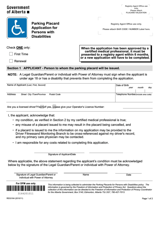 Fillable Form Reg3164 - Parking Placard Application For Persons With Disabilities - Government Of Alberta Printable pdf