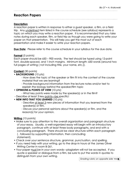 Reaction Paper Grading Rubric Printable pdf