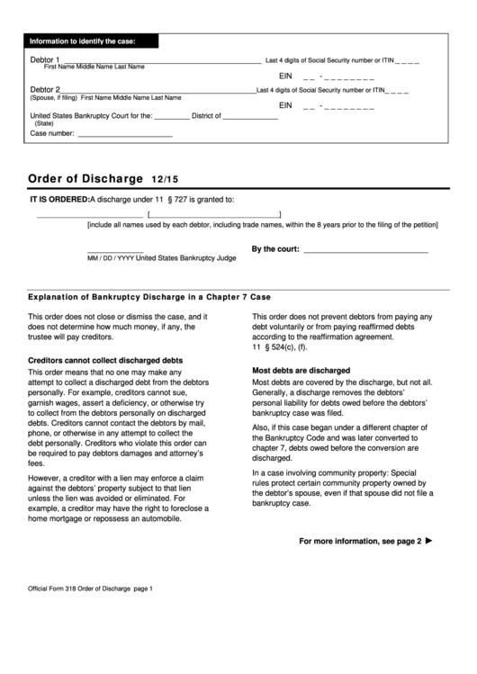 Official Form 318 - Order Of Discharge Printable pdf