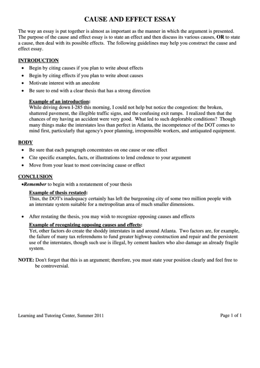 Cause And Effect Essay Printable pdf
