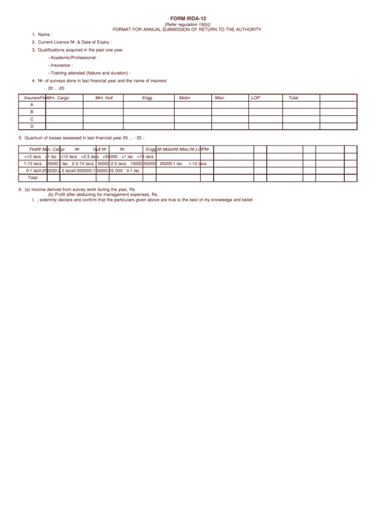 Form Irda-12 - Format For Annual Submission Of Return To The Authority Printable pdf