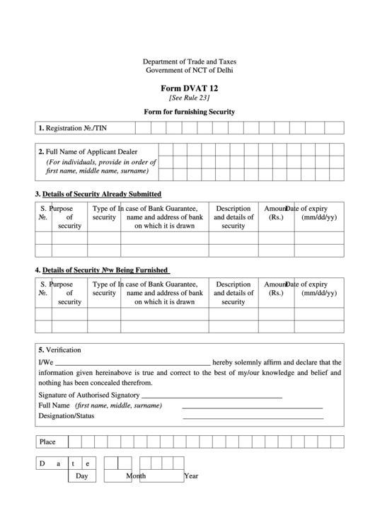 Form Dvat 12 - Form For Furnishing Security Printable pdf