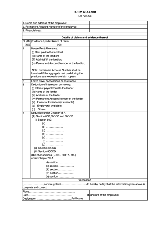 Form 12 Bb - Form To Claim Income Tax Benefits / Rebate Printable pdf