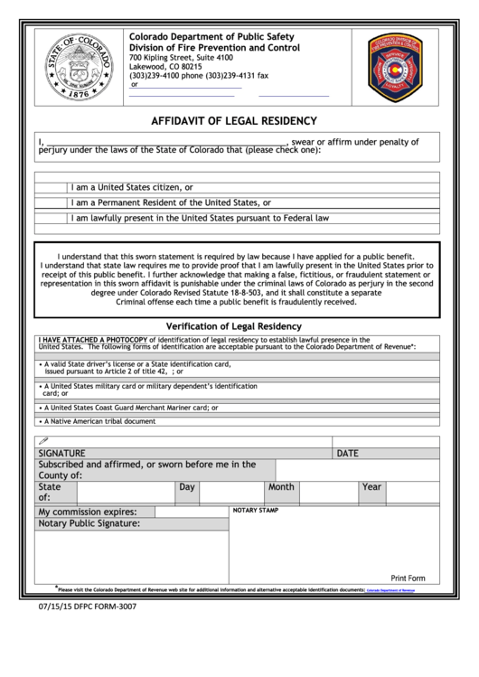 Fillable Affidavit Of Legal Residency Printable pdf