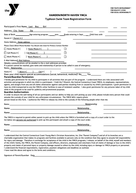 Hamden/north Haven Ymca Typhoon Swim Team Registration Form Printable pdf