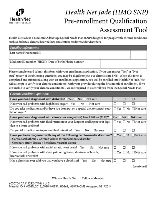 Pre-enrollment Qualification Assessment Form