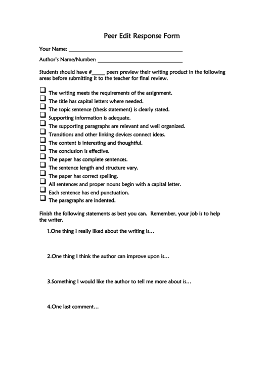 Peer Edit Response Form Printable pdf