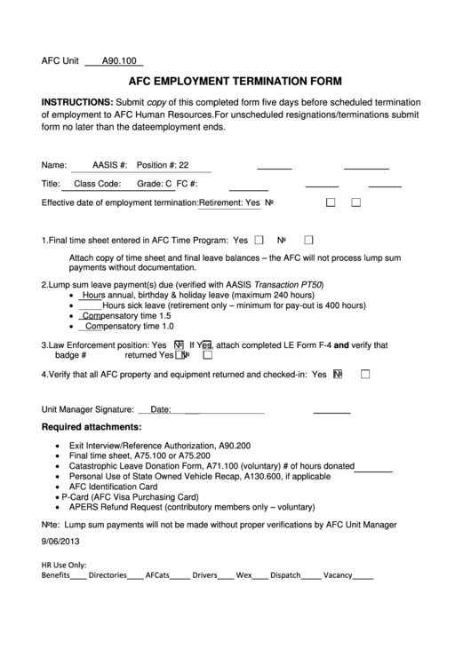 Fillable Afc Employment Termination Form Printable pdf