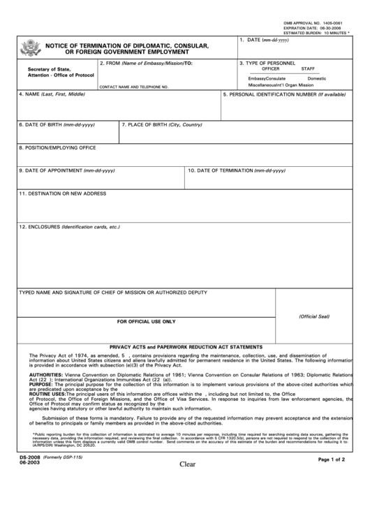 Fillable U.s. State Department Form Ds-2008 - Notice Of Termination Printable pdf
