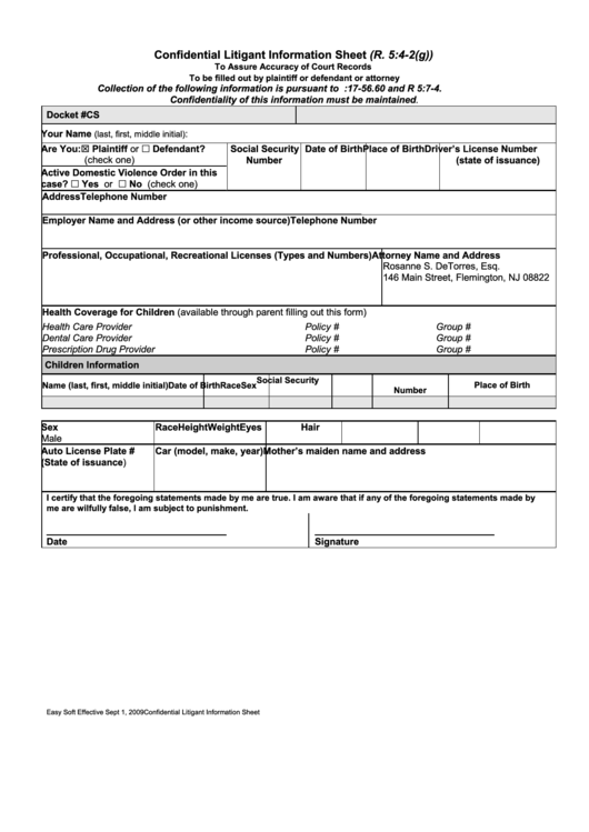 Confidential Litigant Information Sheet (R. 5:4-2(G)) Printable pdf