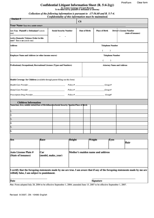 Fillable Confidential Litigant Information Sheet (R. 5:4-2(G)) - Fillable Printable pdf