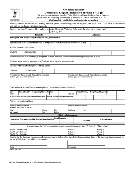 Confidential Litigant Information Sheet (R. 5:4-2(G)) - New Jersey Judiciary Printable pdf