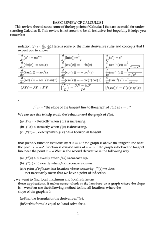Basic Review Of Calculus Printable pdf