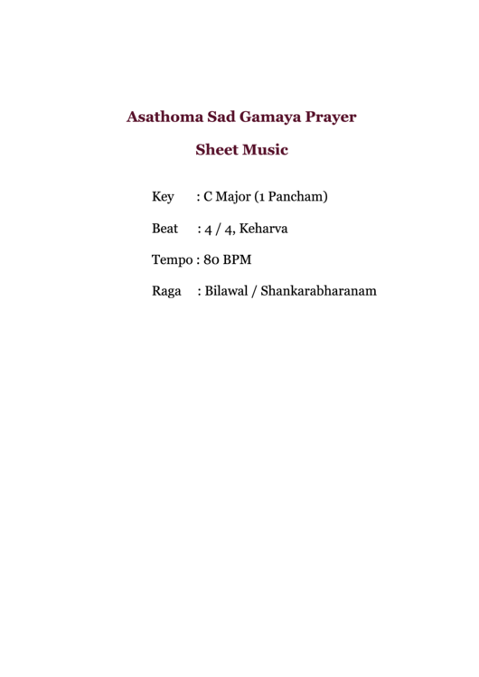 Asathoma Sad Gamaya Prayer Sheet Music Printable pdf