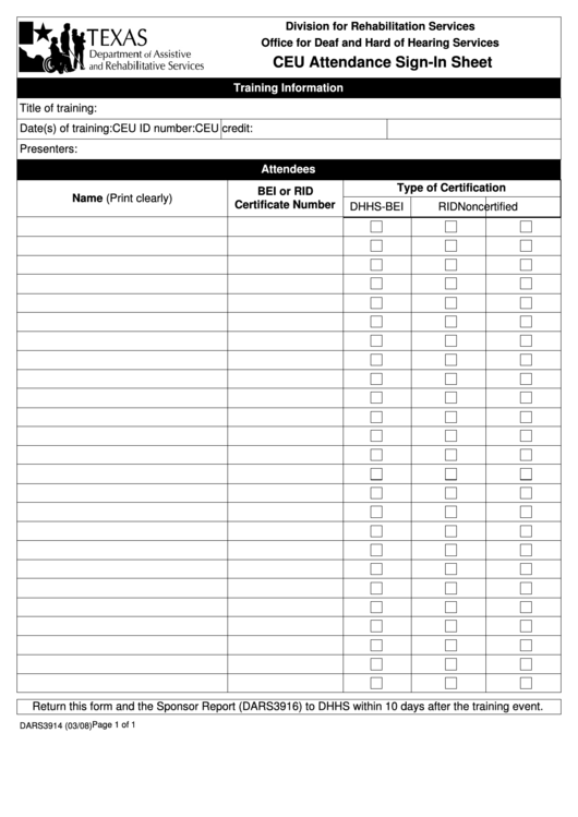 Ceu Attendance Sign-in Sheet - Texas Department Of Assistive And Rehabilitating Services
