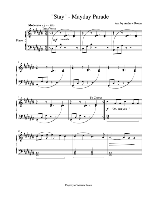 Stay - Mayday Parade - Arr. By Andrew Rosen Printable pdf