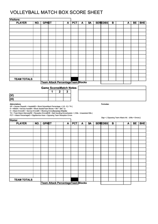 Volleyball Match Box Score Sheet