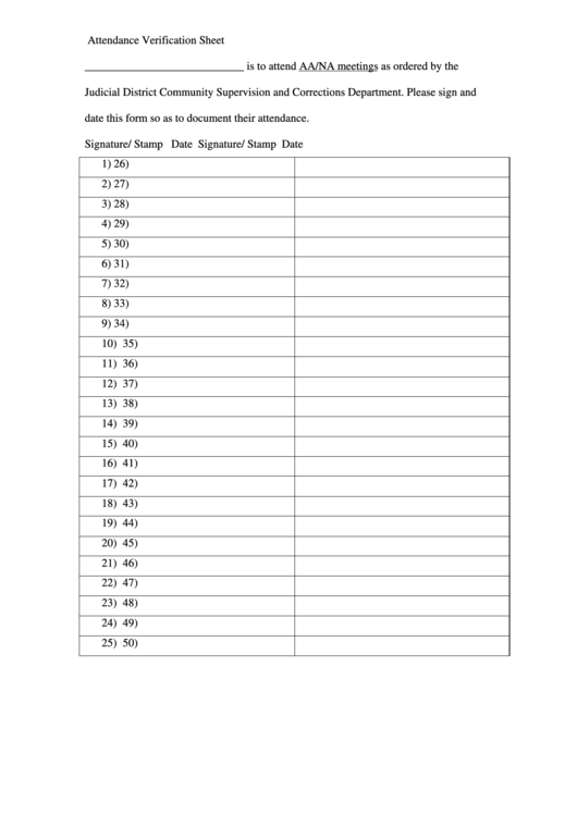 Aa/na Attendance Verification Sheet Printable pdf