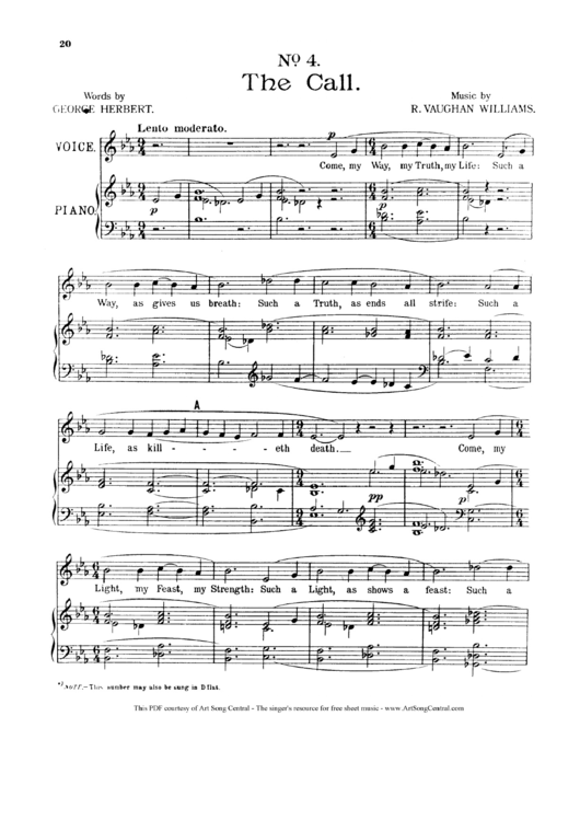 N0 4. The Call. - By R Vaughan Williams Printable pdf