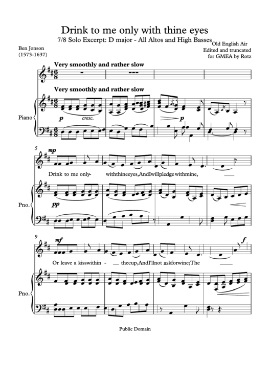 Ben Jonson - Drink To Me Only With Thine Eyes (solo Excerpt) Altos And High Basses Sheet Music