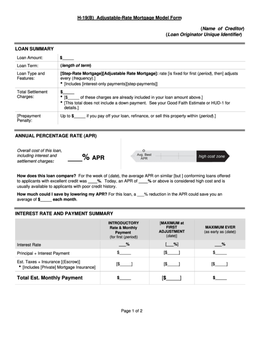 Form H-19(B) - Adjustable-Rate Mortgage Model Form Printable pdf