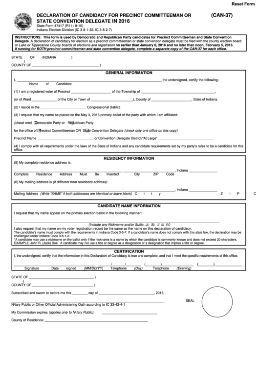 Fillable Can-37 - Declaration Of Candidacy For Precinct Committeeman Or State Convention Delegate Printable pdf