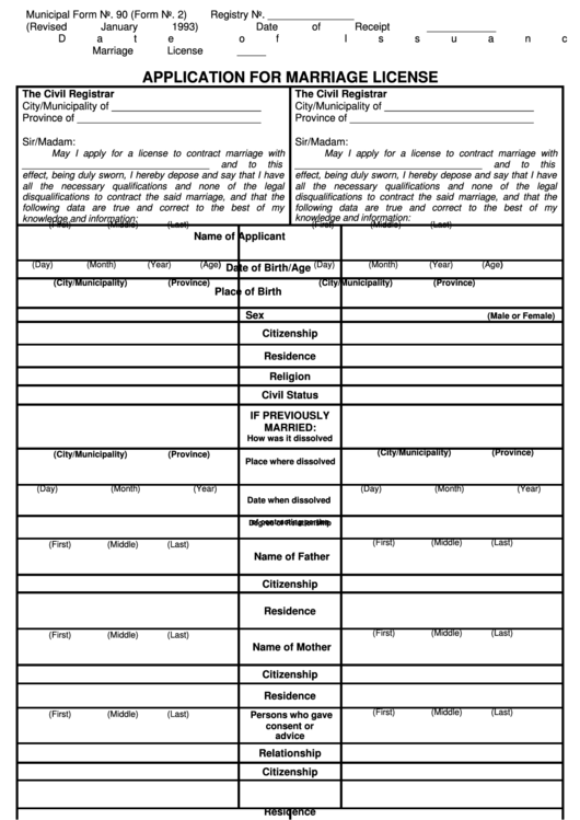 Form 90, 1993, Application For Marriage License Printable pdf
