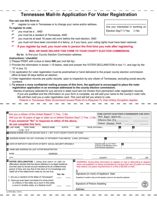 Tennessee Mail-In Application For Voter Registration Printable pdf