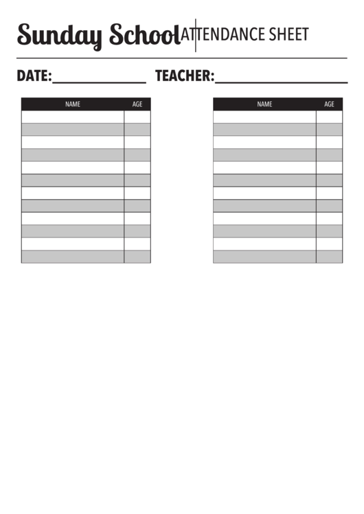 Sunday School Attendance Sheet Printable pdf