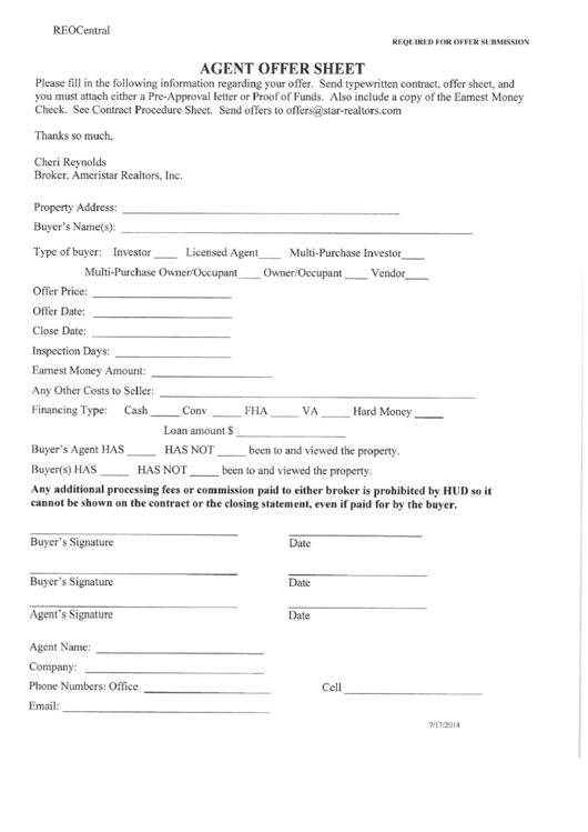 Agent Offer Sheet Printable pdf