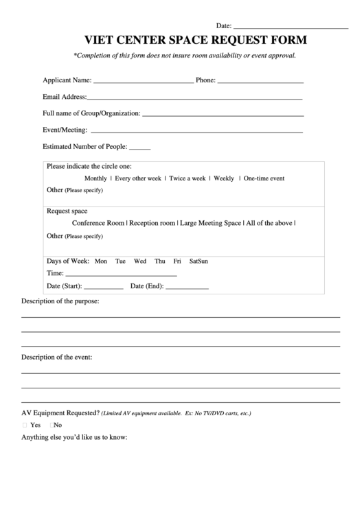 Viet Center Space Request Form Printable pdf