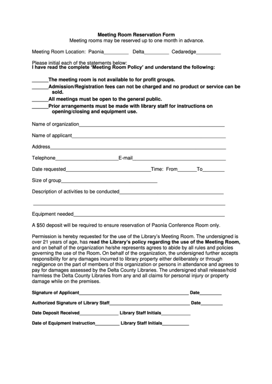 Meeting Room Reservation Form Printable pdf