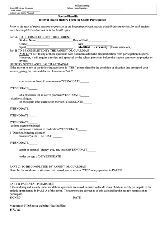 Interval Health History Form For Sports Participation Printable pdf