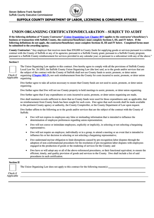 Fillable Union Organizing Certification/declaration - Subject To Audit - Suffolk County Department Of Labor Printable pdf